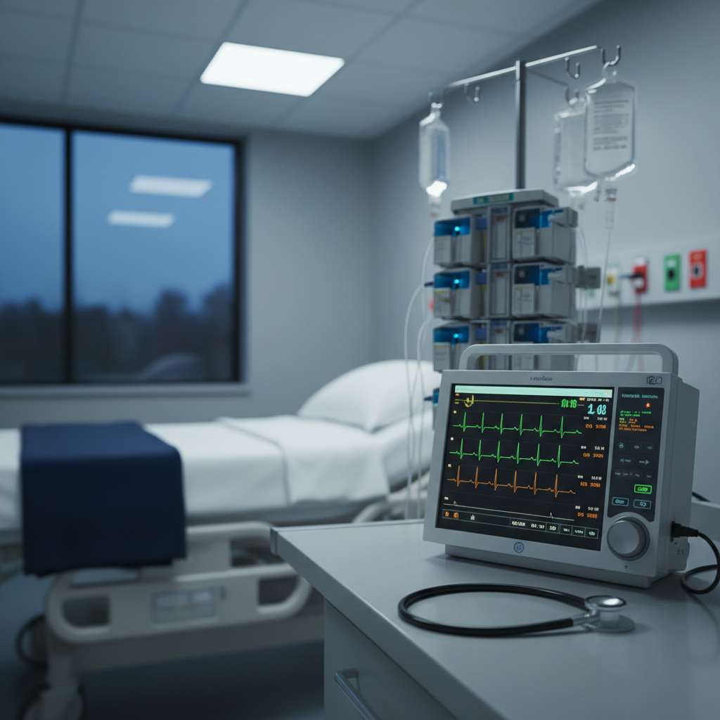 A meticulously organized critical care bedside still life, featuring a modern modular ICU monitor with softly glowing green and amber waveforms, a transparent infusion pump tower with clear fluid bags, and a neatly coiled stethoscope resting on a smooth, light-gray clinical surface. In the background, an unoccupied hospital bed with crisp white linens and a folded navy thermal blanket is slightly out of focus. Cool, diffused evening light from a large window mingles with the gentle blue-tinted glow of ceiling LEDs, creating a calm, contemplative atmosphere. Photographic realism, shot at eye level with a shallow depth of field, emphasizing precision, cleanliness, and the intimate intersection of technology and human vulnerability without showing any people.